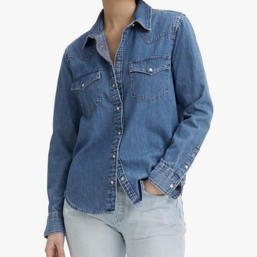 WOMEN'S Levi Strauss & Co Ultimate Western Cotton Denim Shirt Sz M L - Picture 2 of 13